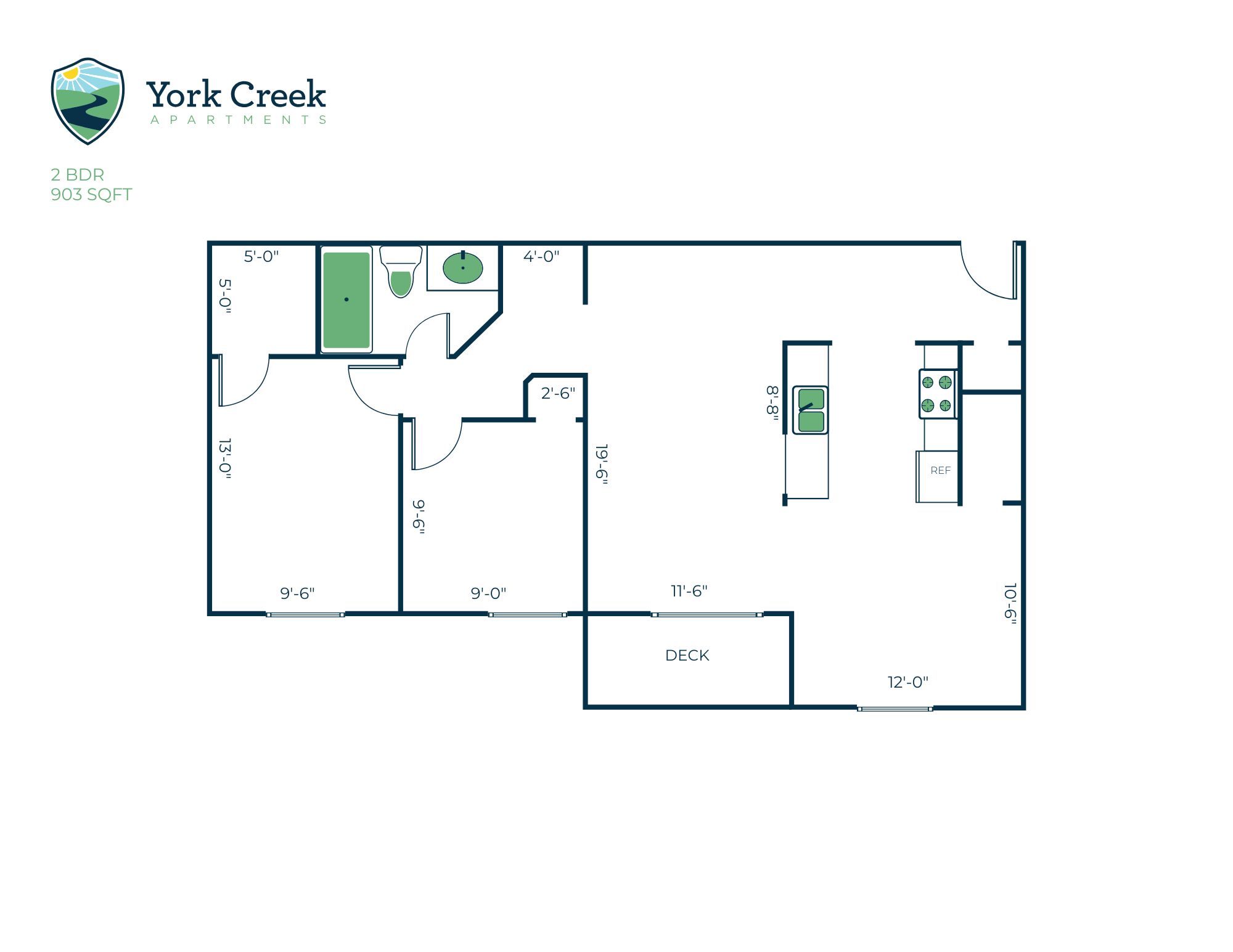 Floor plan for 2 beds, 1 bath, 903 sqft